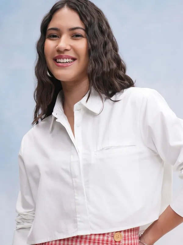 Tokyo Talkies Women Off White Solid Casual Shirt