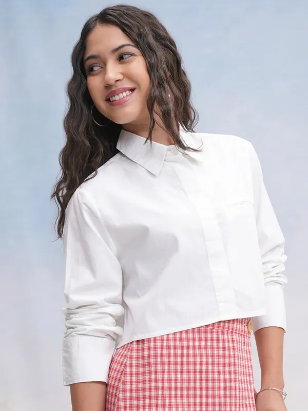 Tokyo Talkies Women Off White Solid Casual Shirt