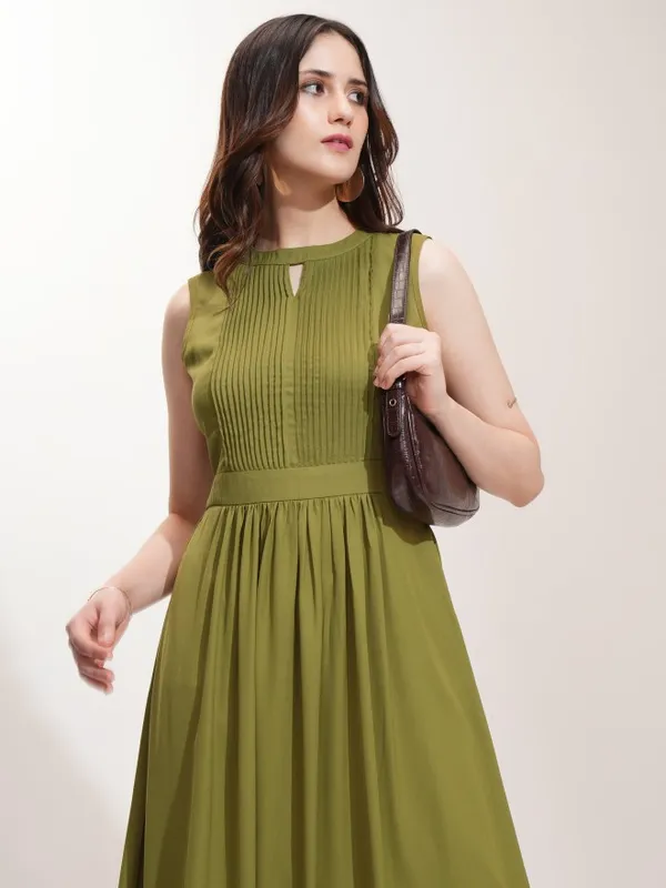 Tokyo Talkies Women Olive Solid Fit And Flare Dress