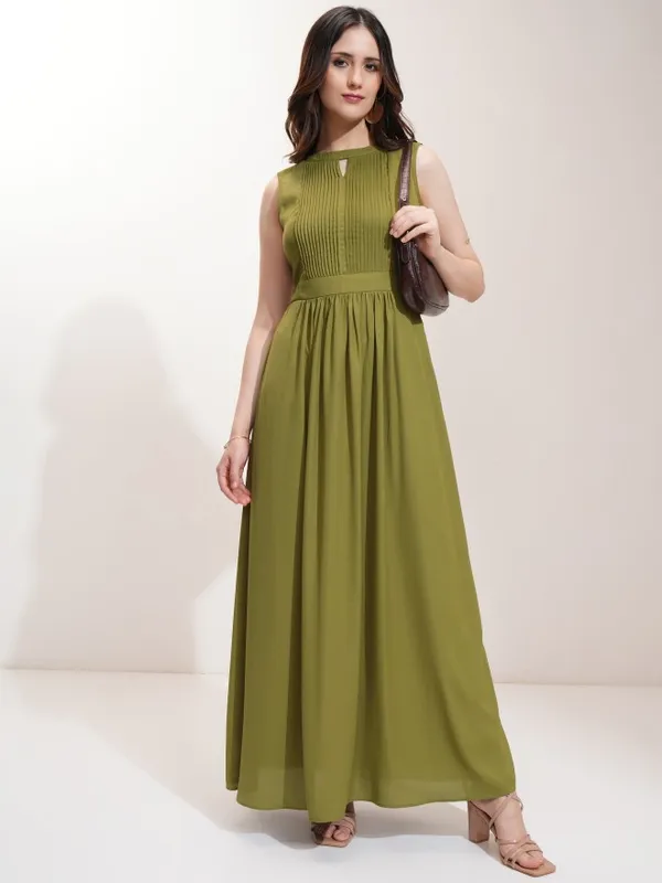 Tokyo Talkies Women Olive Solid Fit And Flare Dress