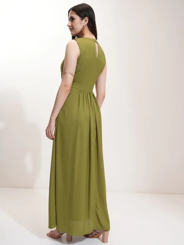 Tokyo Talkies Women Olive Solid Fit And Flare Dress