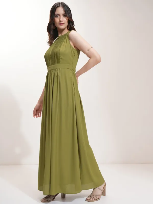 Tokyo Talkies Women Olive Solid Fit And Flare Dress