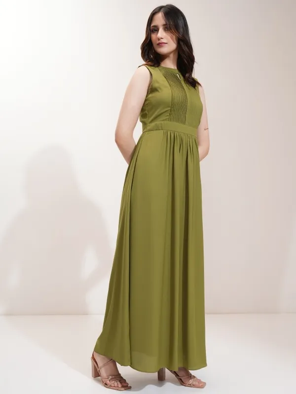Tokyo Talkies Women Olive Solid Fit And Flare Dress