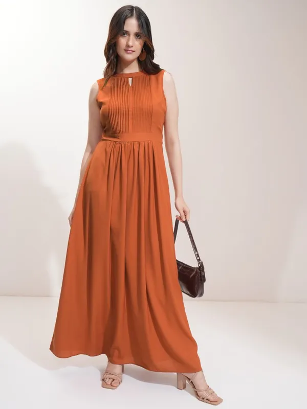 Tokyo Talkies Women Rust Solid Fit And Flare Dress