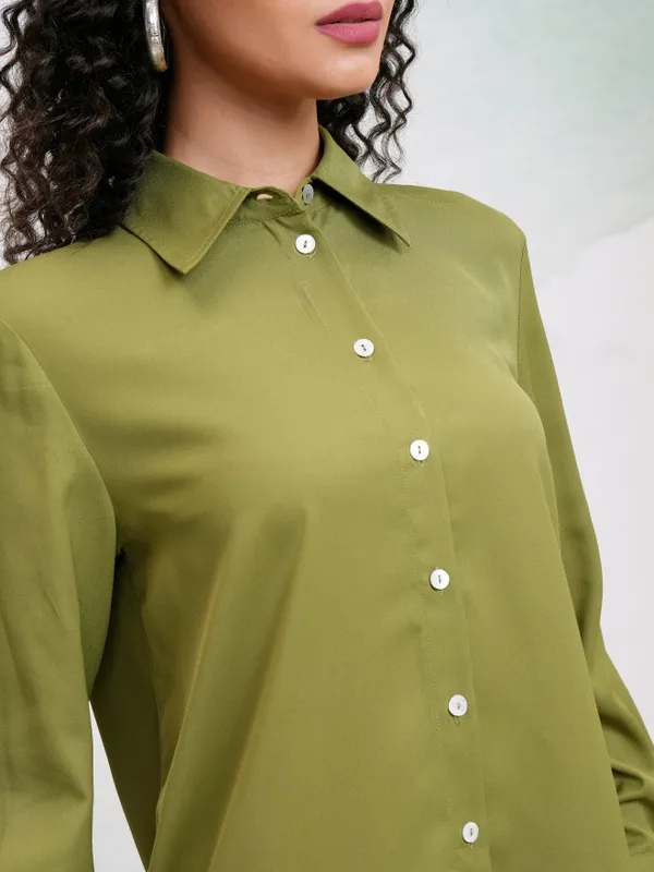 Tokyo Talkies Women Olive Solid Casual Shirt
