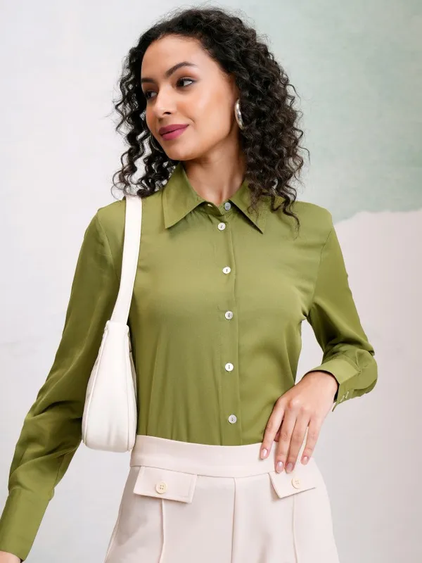 Tokyo Talkies Women Olive Solid Casual Shirt