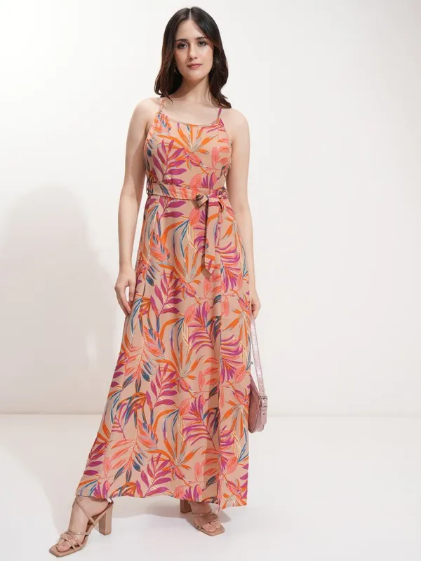 Tokyo Talkies Women Beige Printed Fit And Flare Dress