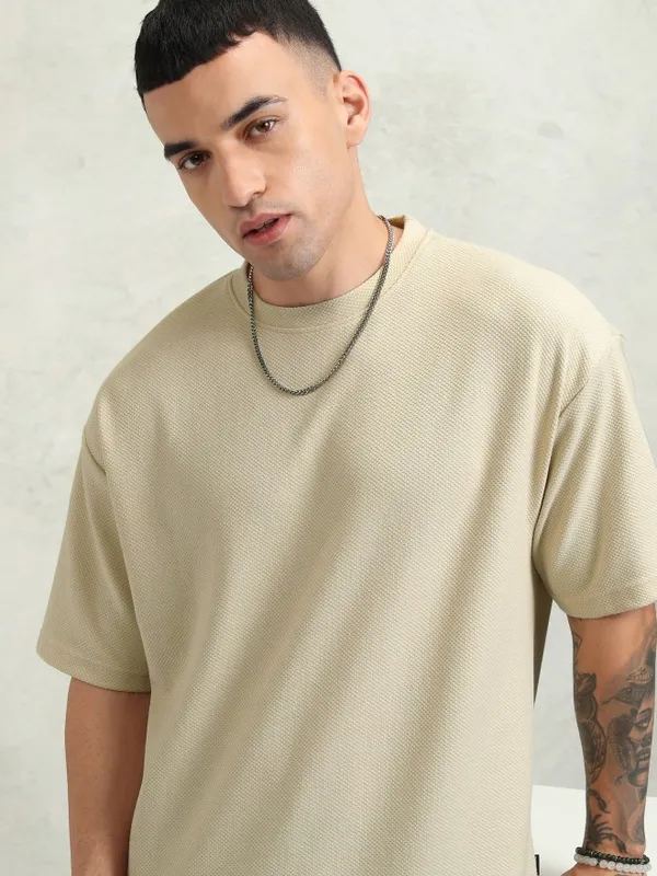 Highlander Men Cream Self Design Round Neck Oversized Fit T-Shirt