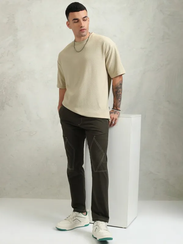 Highlander Men Cream Self Design Round Neck Oversized Fit T-Shirt