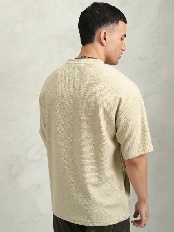 Highlander Men Cream Self Design Round Neck Oversized Fit T-Shirt