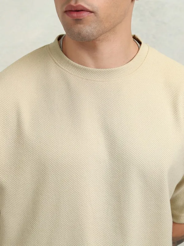 Highlander Men Cream Self Design Round Neck Oversized Fit T-Shirt