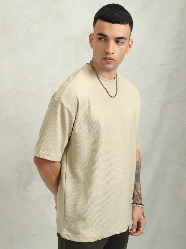 Highlander Men Cream Self Design Round Neck Oversized Fit T-Shirt