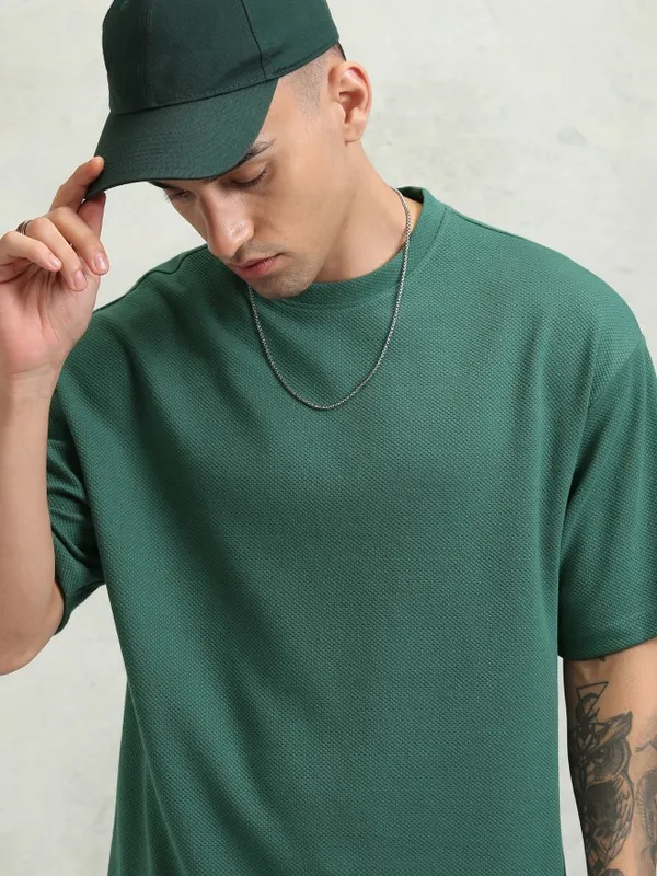 Highlander Men Teal Self Design Oversized Fit T-Shirt