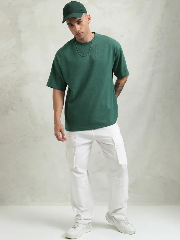 Highlander Men Teal Self Design Oversized Fit T-Shirt