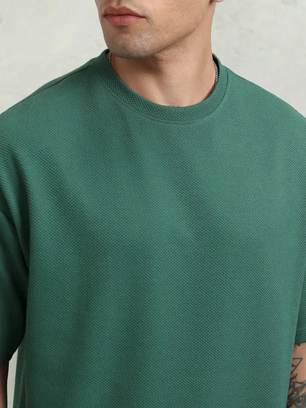 Highlander Men Teal Self Design Oversized Fit T-Shirt