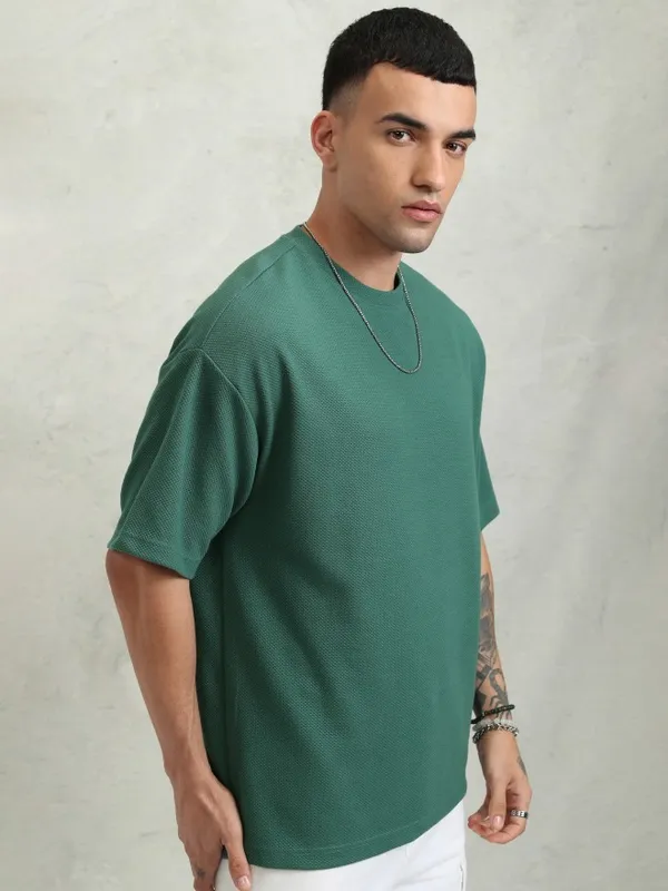 Highlander Men Teal Self Design Oversized Fit T-Shirt
