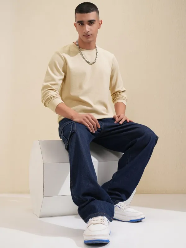 Highlander Men Cream Solid Round Neck Relaxed Fit T-Shirt