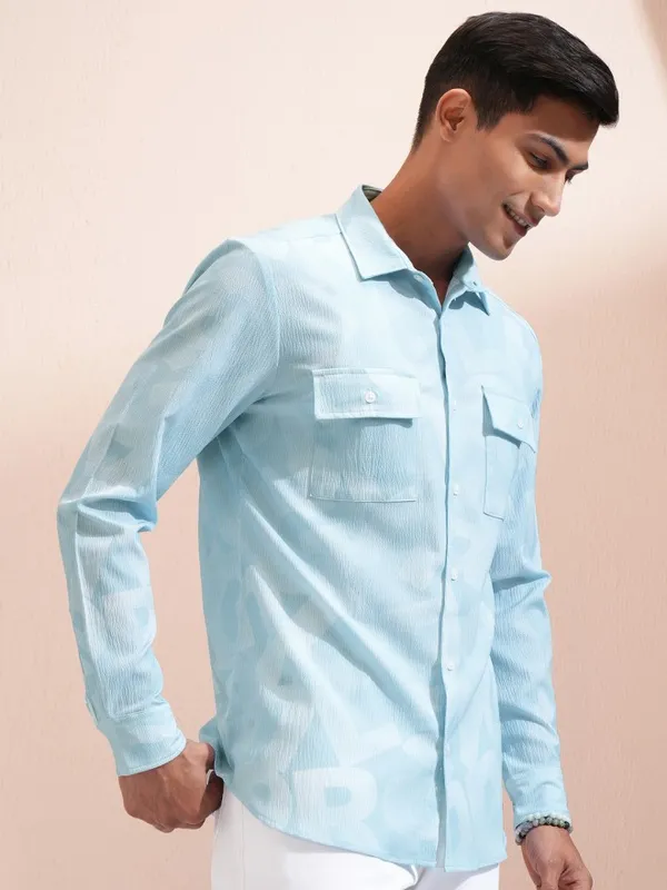 Highlander Men Blue Printed Regular Fit Casual Shirt