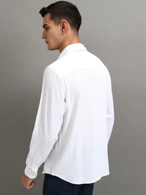 Highlander Men White Textured Regular Fit Casual Shirt