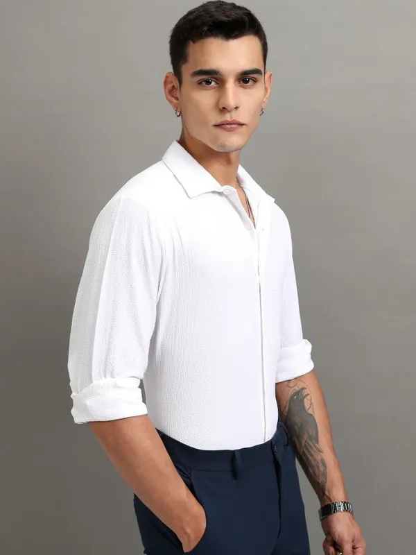 Highlander Men White Textured Regular Fit Casual Shirt