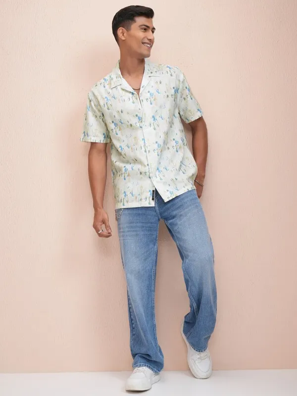 Locomotive Men Green Printed Relaxed Fit Casual Shirt