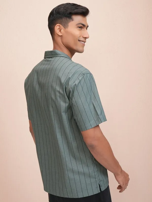 Locomotive Men Olive Striped Relaxed Fit Casual Shirt