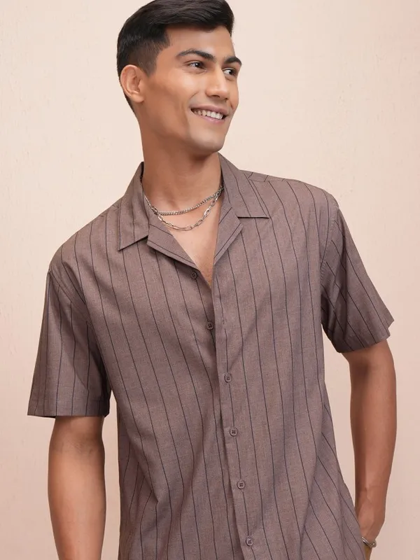 Locomotive Men Brown Striped Relaxed Fit Casual Shirt