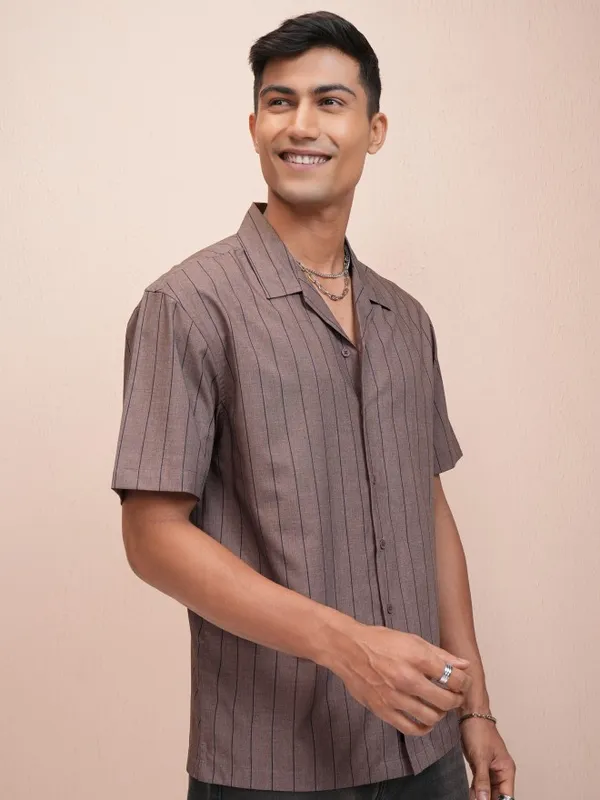 Locomotive Men Brown Striped Relaxed Fit Casual Shirt