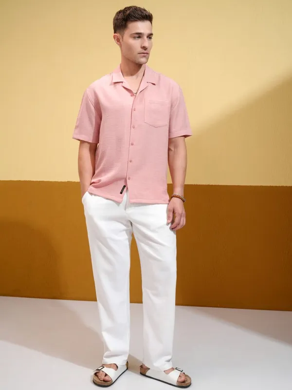 Locomotive Men Peach Solid Oversized Fit Casual Shirt