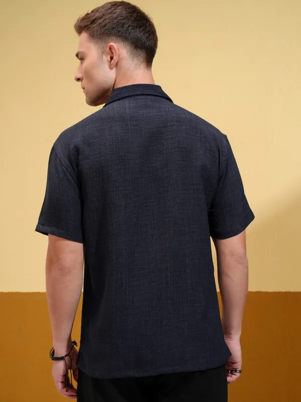 Locomotive Men Navy Blue Solid Oversized Fit Casual Shirt