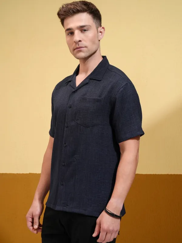 Locomotive Men Navy Blue Solid Oversized Fit Casual Shirt