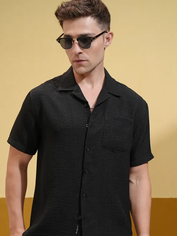 Locomotive Men Black Self Design Oversized Fit Casual Shirt