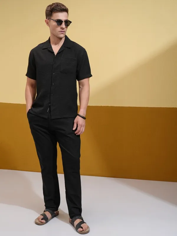Locomotive Men Black Self Design Oversized Fit Casual Shirt