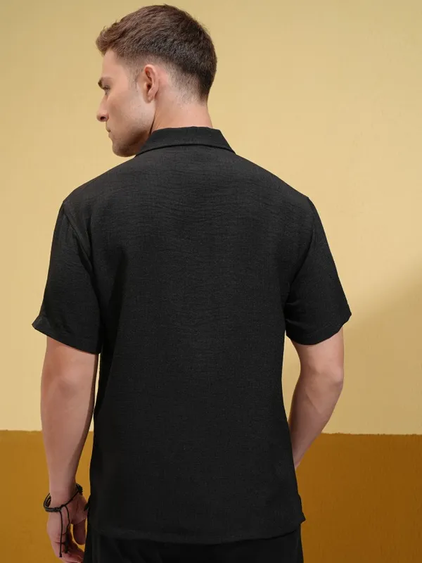 Locomotive Men Black Self Design Oversized Fit Casual Shirt