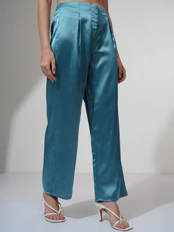 Tokyo Talkies Women Blue Solid Flared Wide Leg Trouser