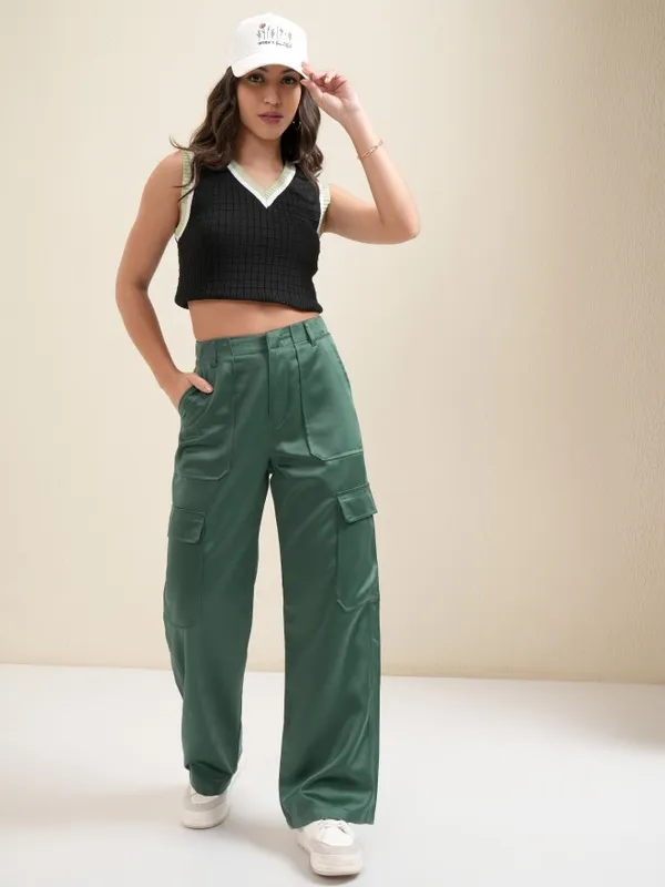 Tokyo Talkies Women Green Solid Loose Fit Cargos