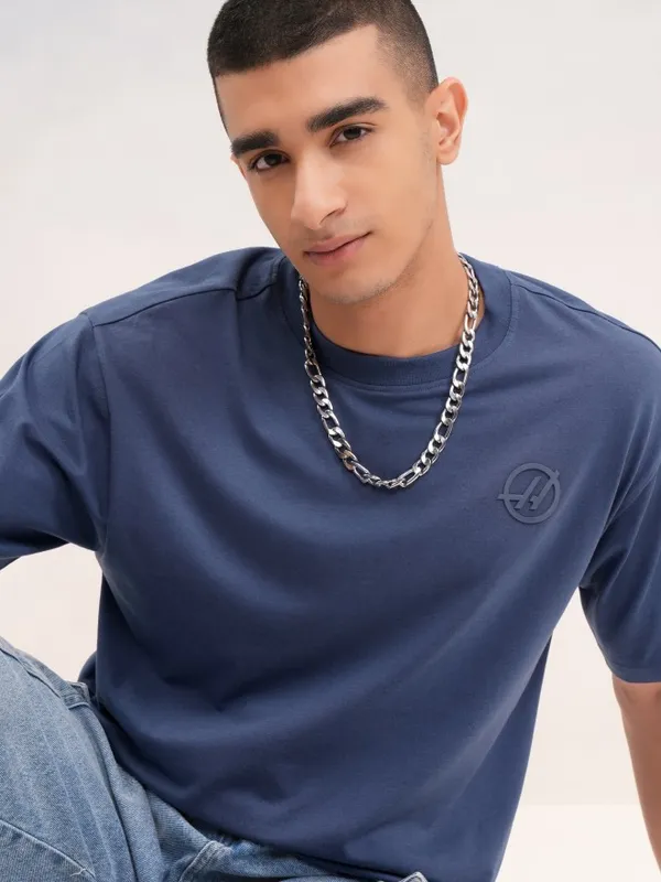 Highlander Men Blue Printed Round Neck Oversized Fit T-Shirt
