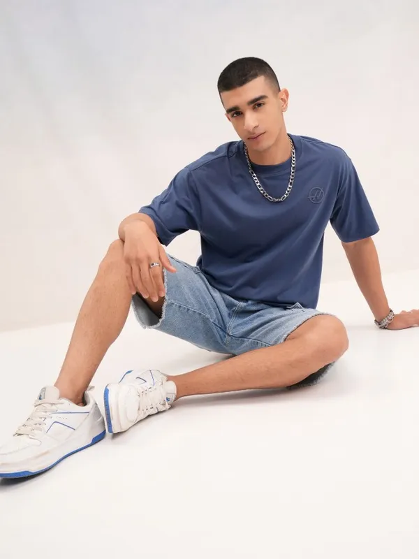 Highlander Men Blue Printed Round Neck Oversized Fit T-Shirt