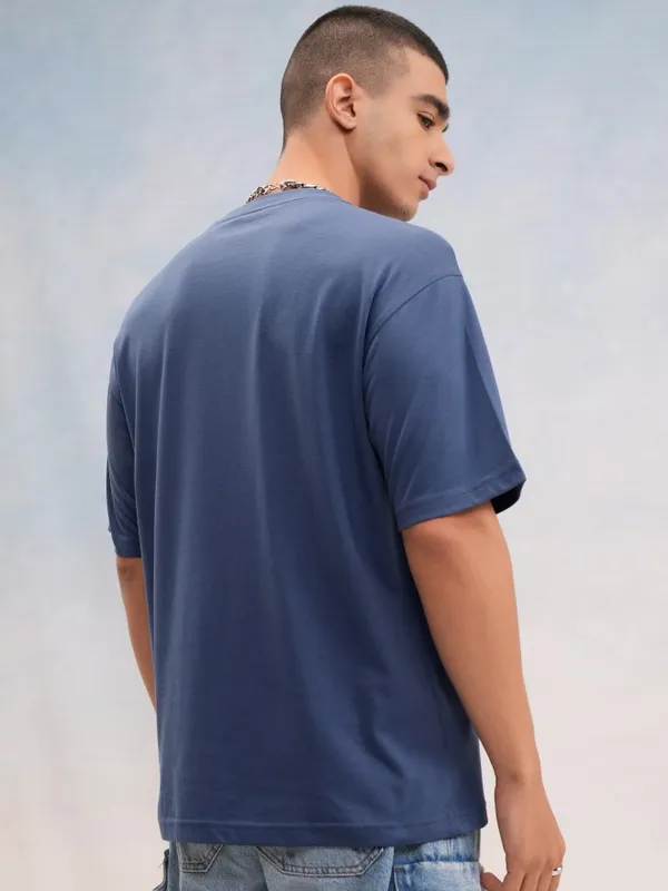 Highlander Men Blue Printed Round Neck Oversized Fit T-Shirt