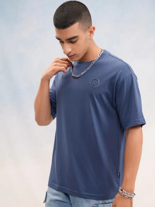 Highlander Men Blue Printed Round Neck Oversized Fit T-Shirt