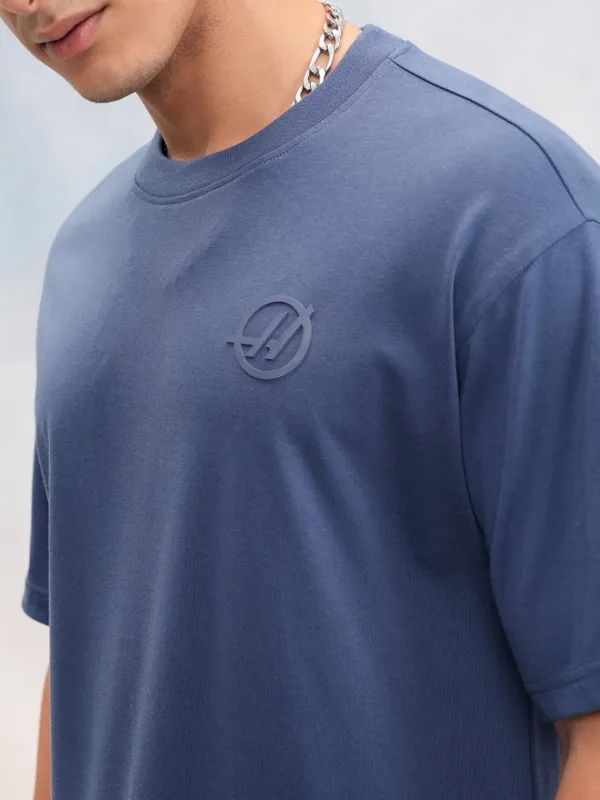 Highlander Men Blue Printed Round Neck Oversized Fit T-Shirt