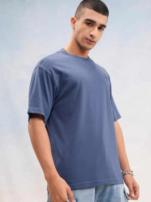 Highlander Men Blue Printed Round Neck Oversized Fit T-Shirt