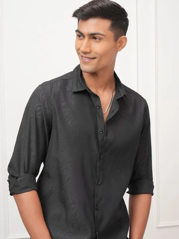 Locomotive Men Black Self Design Regular Fit Casual Shirt