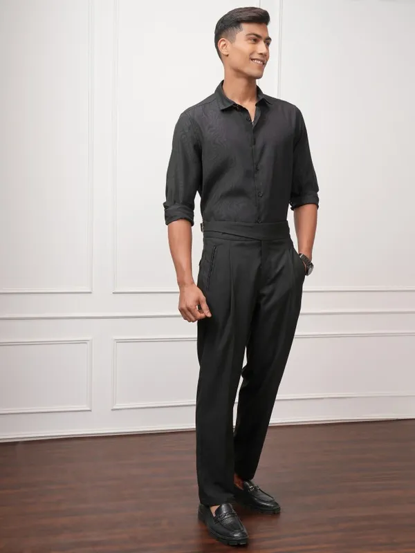 Locomotive Men Black Self Design Regular Fit Casual Shirt