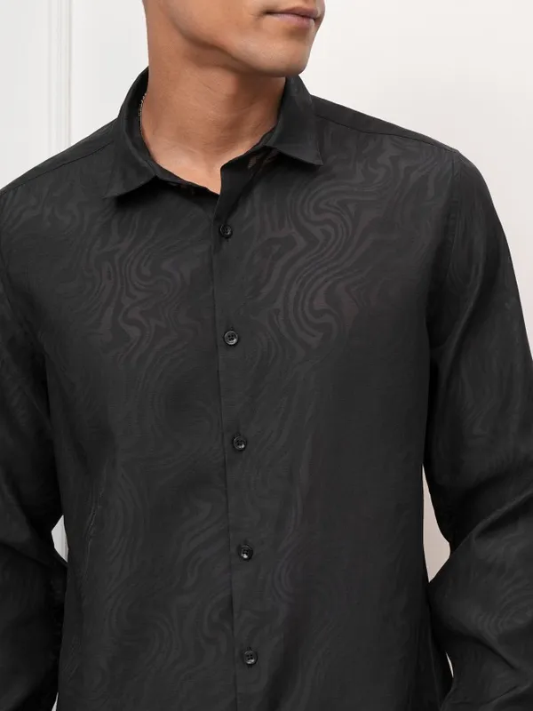 Locomotive Men Black Self Design Regular Fit Casual Shirt