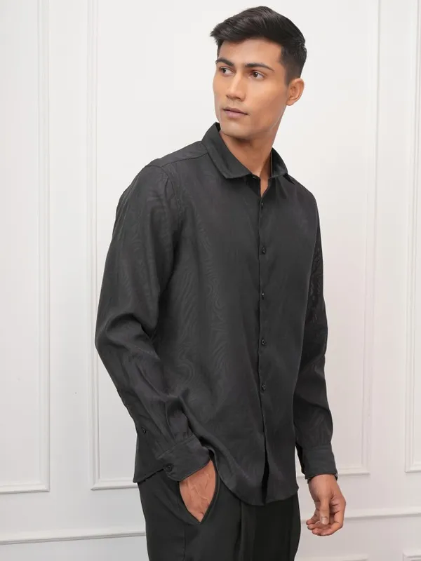 Locomotive Men Black Self Design Regular Fit Casual Shirt