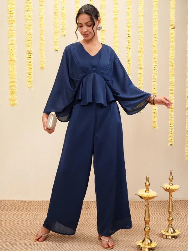 Vishudh Women Navy Blue Top With Palazzos Co-Ords