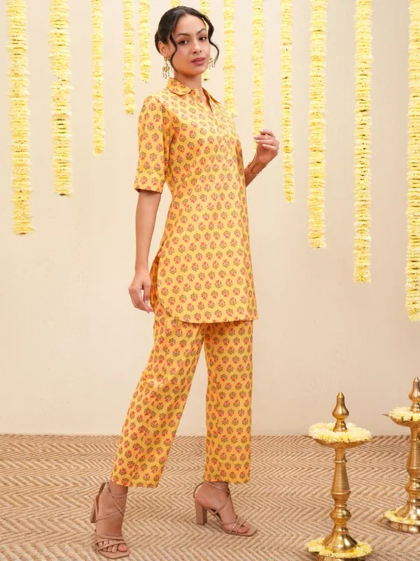 Vishudh Women Mustard Tunic With Trousers Co-Ords