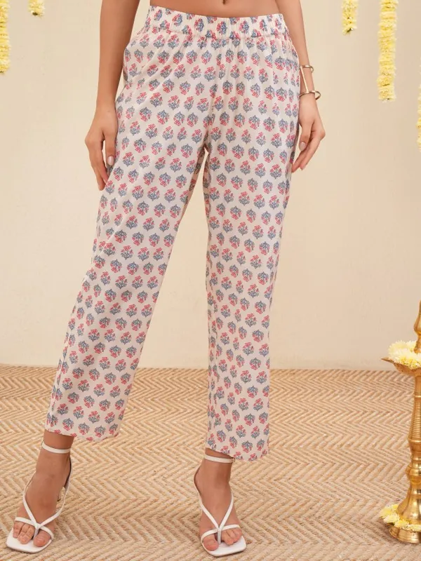 Vishudh Women Beige Tunic With Trousers Co-Ords