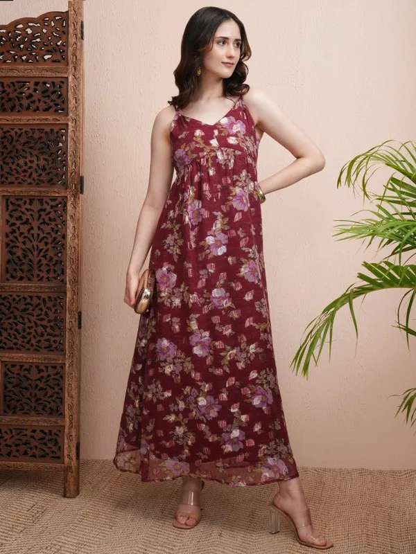 Vishudh Women Maroon Printed Fit and Flare Dress